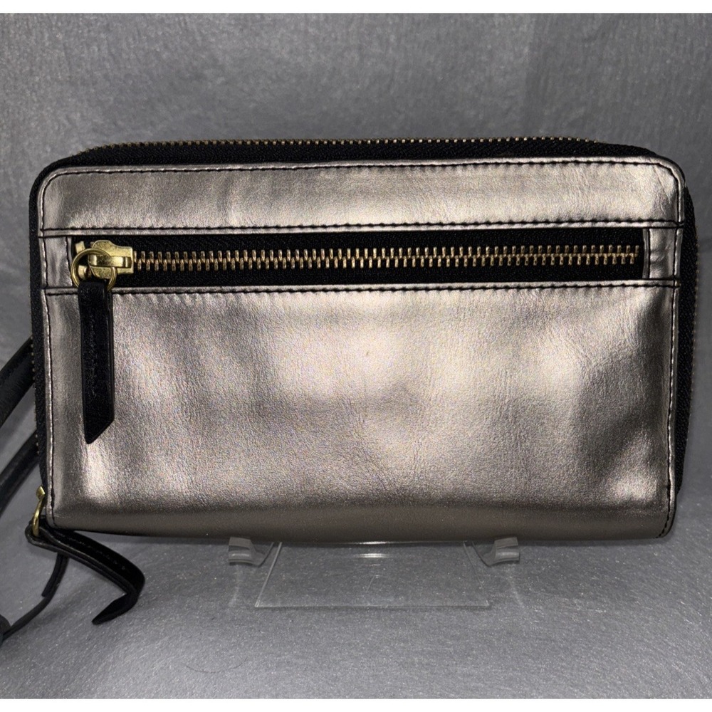 Fossil Metallic Leather Double Zip Around Wristlet Wallet Clutch Crossbody - Picture 5 of 16